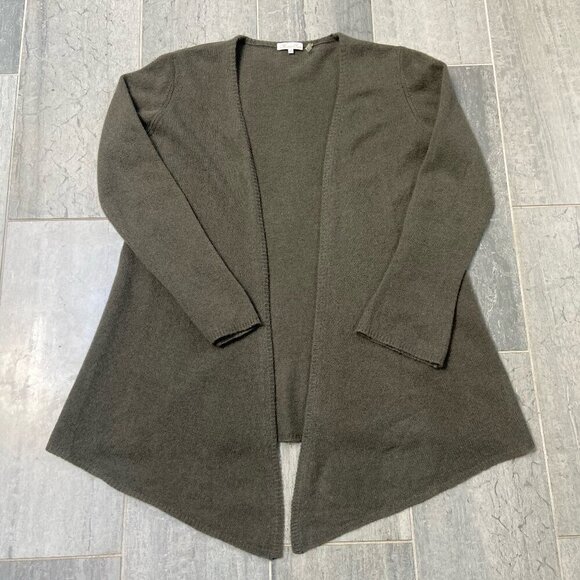 Minnie Rose 100% Cashmere Open Front Duster Cardigan Sweater Green/Brown Sz Med - Picture 1 of 9